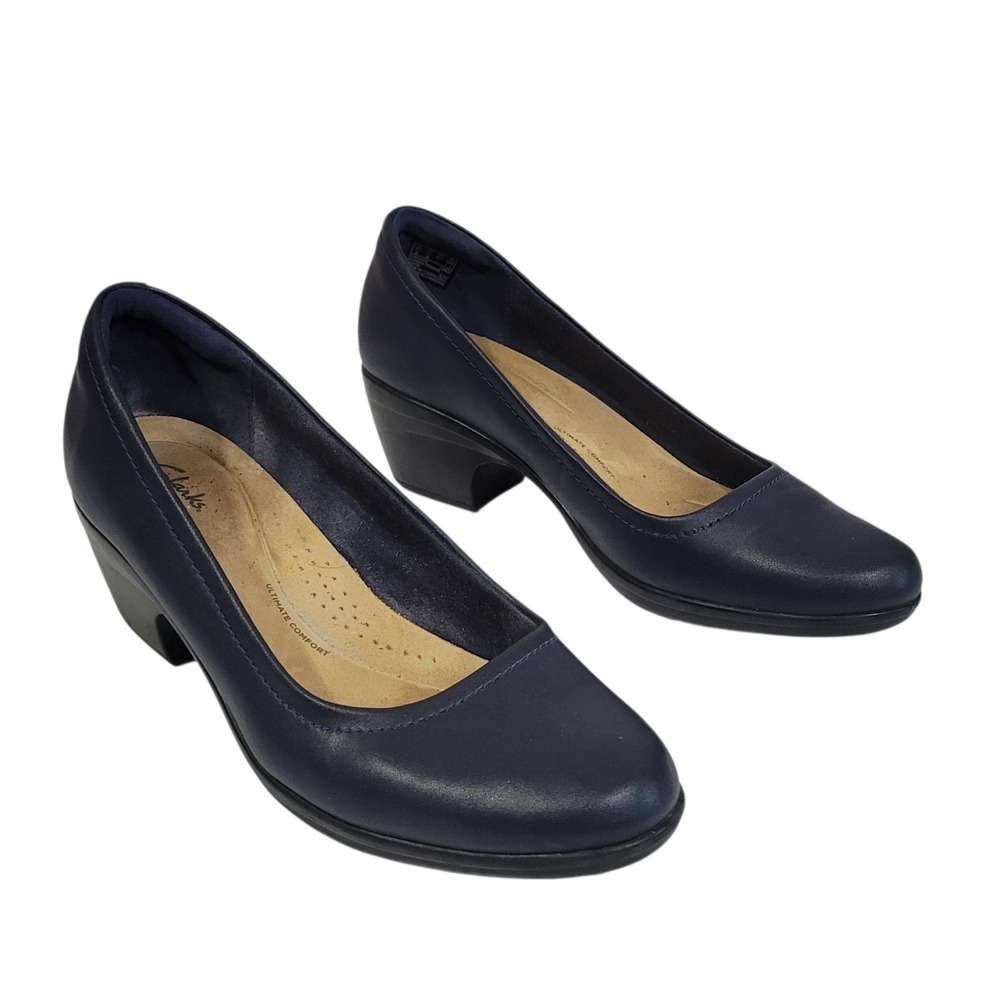 Clarks Emily Belle Pump Womens 11 Navy Blue Leather Slip On Comfort 2.25" Heel